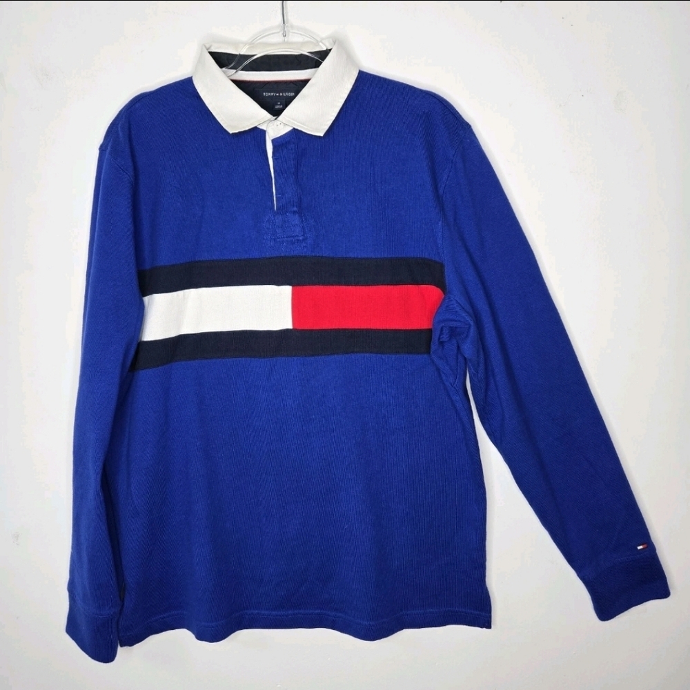 Tommy Hilfiger Rugby Shirt Size M Polo Blue Red White Logo Sporty Preppy College